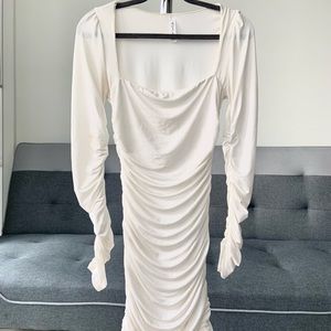 White Ruched Long Sleeve Dress